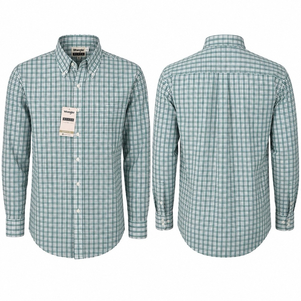 NWT Wrangler Riata Men M Plaid Button Front Shirt Aqua Green Classic Fit Ez Care
